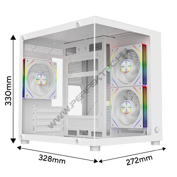 Rampage Számítógépház - LUMID (ablakos; BTF, mATX, Type-C, USB 3.0, alsó táp, 3x120mm A-RGB, fehér)