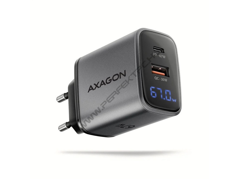 AXAGON ACU-PQ67D GaN hálózati töltő, 2xport (USB + USB-C), PD3.0/QC4+/PPS/Apple, 67W, LED kijelző