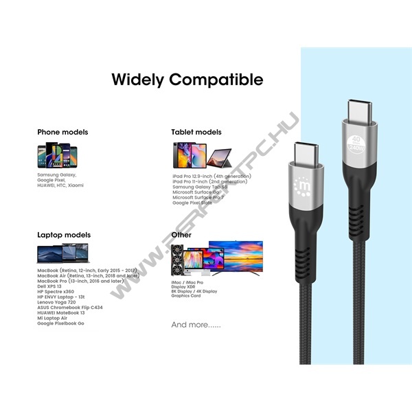 Manhattan Kábel - USB-C Male to USB-C Male kábel, 2m, PD3.1, 8K@60Hz, 240W/5A, Fekete