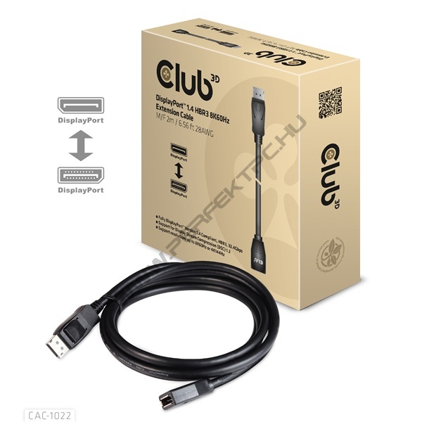 Club 3D Kábel - CAC-1022 (DisplayPort 1.4 HBR3, 8K60Hz, 4K144Hz, 2m, M/F, 32.4Gbps)