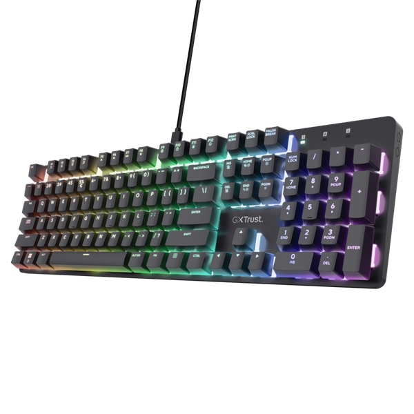 Trust Billentyűzet Gamer - GXT871 Zora (Mechanikus, Huano switch; RGB LED háttérvilágítás; USB; fekete; angol)