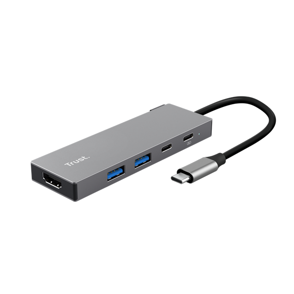 Trust Kábel Átalakító - Dalyx 5in1 Multiport USB-C (szürke, aluminium, USB-C apa / HDMI+Type-C+USB3.2 anya)