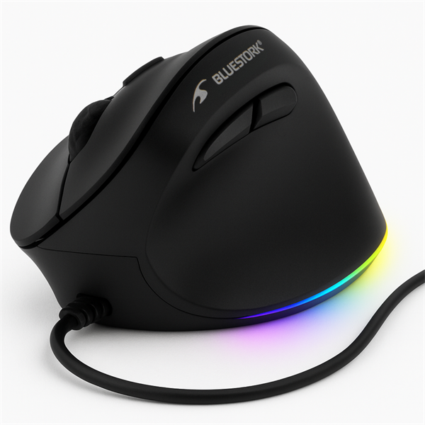 Bluestork Egér - M-W-ERGO-LUMI (Ergonomic, 3600 DPI, 6 gomb, optikai, RGB, fekete)