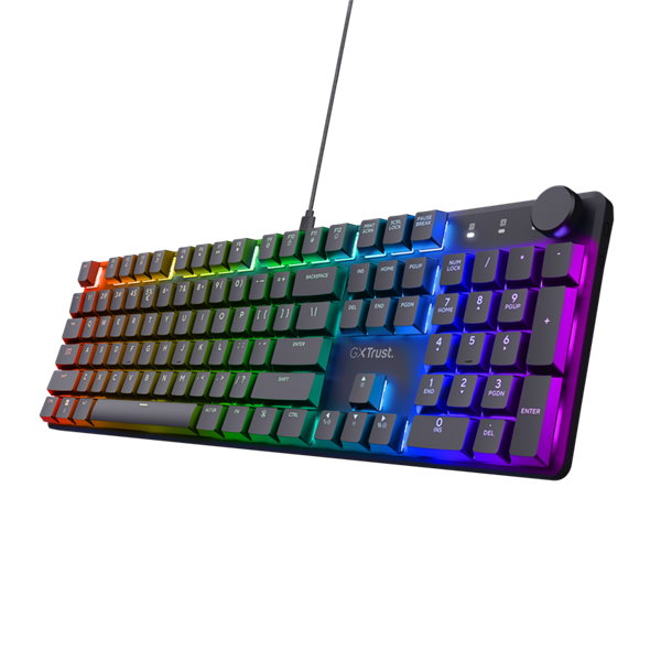 Trust Billentyűzet Gamer - GXT866 Torix (Mechanikus, Huano switch; RGB LED háttérvilágítás; USB; fekete; angol)