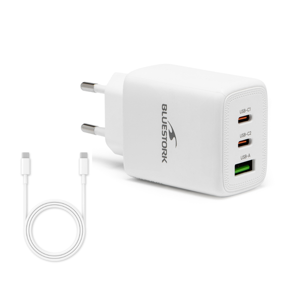 Bluestork Hálózati töltő - PW-65-CCA (2xUSB-C, USB-A, 65W, 2m kábel, fehér)