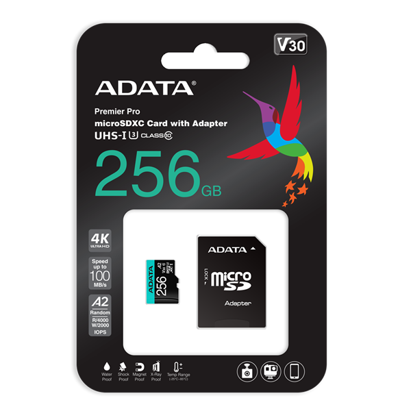 ADATA MicroSD kártya - 256GB microSDHC UHS-I Class10 A2 (R/W: 100/85 MB/s) + adapter