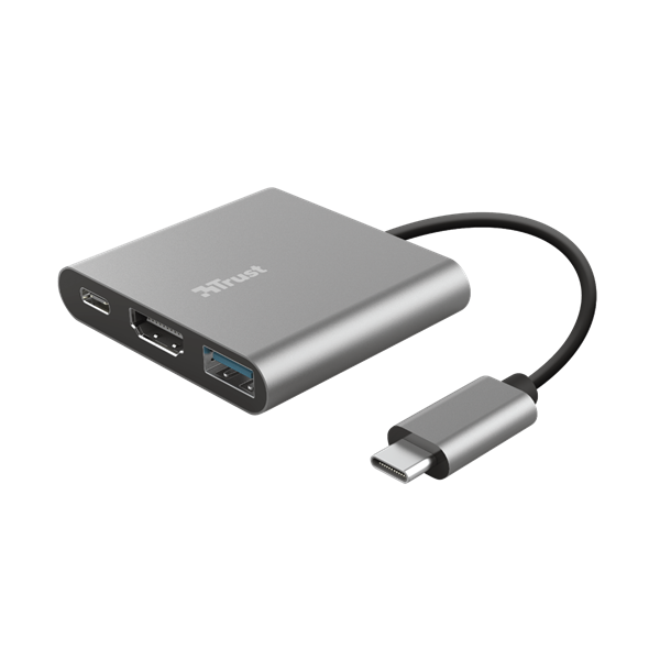 Trust Kábel Átalakító - Dalyx 3in1 Multiport USB-C (szürke, aluminium, USB-C apa / HDMI+Type-C+USB3.1 anya)