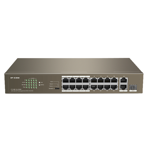 IP-COM Switch PoE - F1118P-16-150W (16x100Mbps + 2x1Gbps; 1x1Gbps SFP; 16 af/at PoE+ port; 130W)