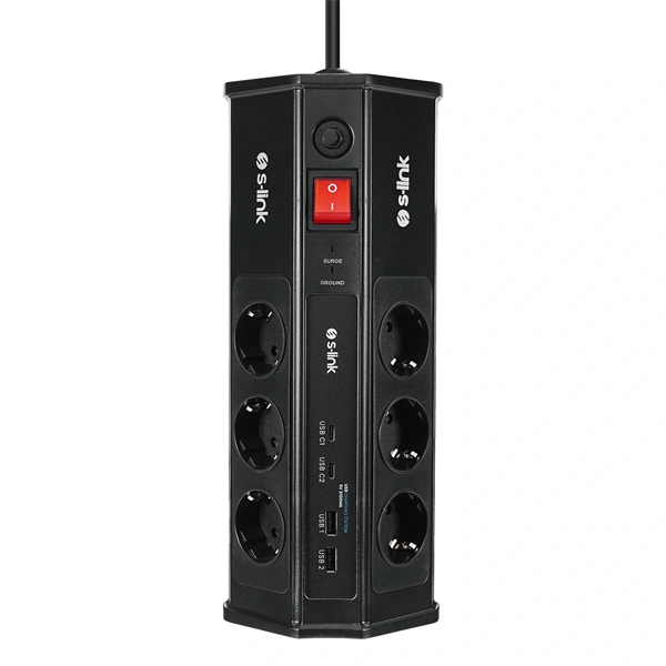 S-Link Túlfeszültségvédő - PRZ03 (3m, 630 Joule, 2xUSB-A, 2xType-C, 2.4A/5V, 6000V, 6db schuko)
