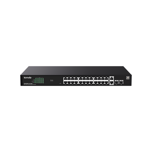 Tenda Switch Menedzselhető PoE - TEG2228P-24-410W (24x1Gbps + 2x1Gbps Uplink + 2xSFP;  24af/at PoE+ port; 410W; rack)