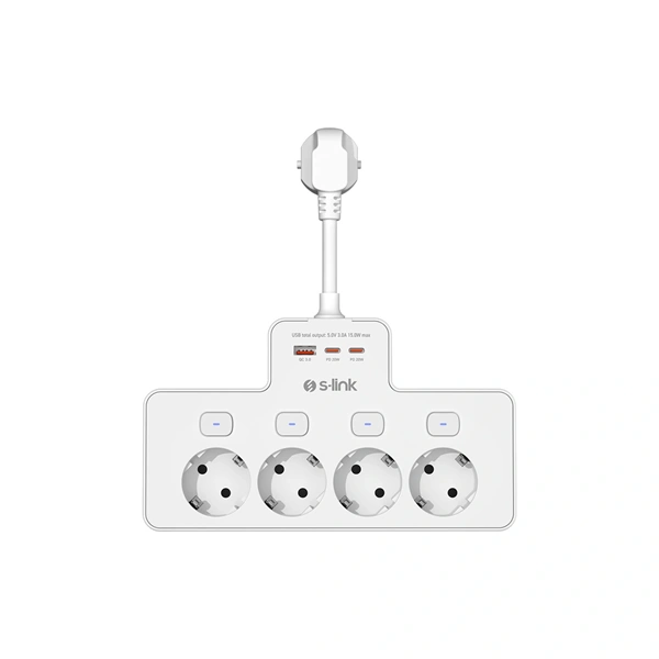 S-Link Túlfeszültségvédő - PRZ08 (15cm, 210 Joule, USB-A, 2xType-C, 16A, 3.4A/5V, 3680W, 4db schuko, fehér)