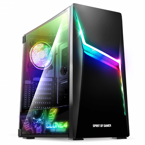 Spirit of Gamer Számítógépház - CLONE 4 Black (fekete, ablakos, 8x12cm ventilátor, alsó táp,  ATX, 1xUSB3.0, 2xUSB2.0)