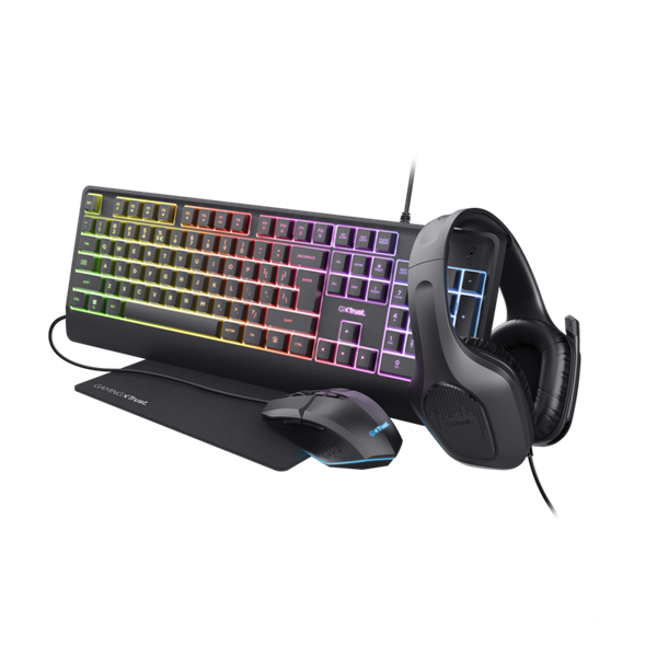 Trust Bundle - GXT792 Quadrox 4-in-1 Gaming Bundle (Billentyűzet magyar + Zirox fejhallgató + Felox egér + Egérpad)