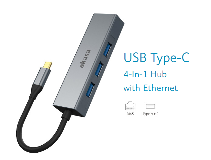 HUB  Akasa USB 3.1 Type-C 4-In-1 Hub 3xUSB3.0 + Ethernet
