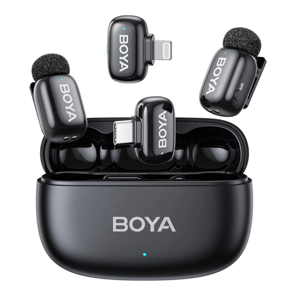 BOYA Mikrofon - mini 2-01 (Vezeték nélküli, AI zajszűrő, fekete, 2TX+2RX, Lightning, USB-C)