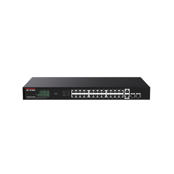 IP-COM Switch PoE - G1128P-24-250W (24x1Gbps; 2x1Gbps uplink; 2x SFP; 24 af/at PoE+ port; 230W, Rackbe szerelhető)